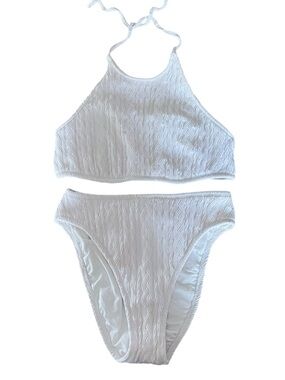 Vintage Sessa White Textured Halter Neck High Waisted Bikini Set
